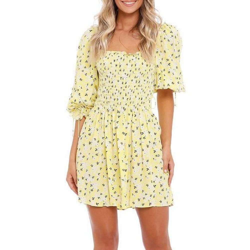 FOR LOVE AND LEMONS CHRYSANTHEMUM SMOCKED MINI DRESS WOMENS MEDIUM YELLOW FLOWER